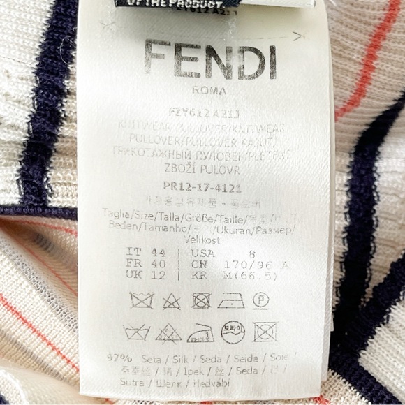 Authentic FENDI Tan Striped Cold Shoulder Mock Neck Sweater Top Size US 8 - Picture 12 of 14